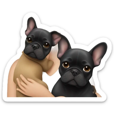 Honey blonde woman hugging a black French bulldog and a dark gray french bulldog sticker