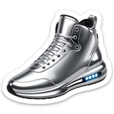 A pair of futuristic sneakers emoji made of silver chrome, sleek streetwear design, smooth metallic panels, subtle reflections, luxury swag aesthetic, iOS emoji style, centered, clean white background sticker