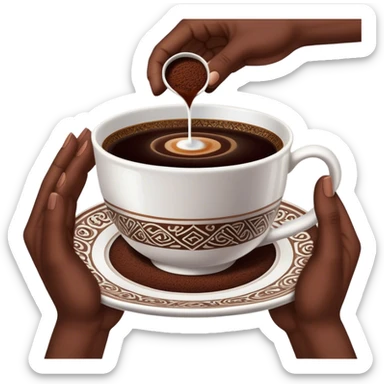 A traditional Turkish coffee cup turned upside down on a saucer, with intricate coffee grounds forming mysterious patterns inside. A fortune teller’s hand gently lifts the cup, revealing symbols and shapes, while a mystical, dimly lit atmosphere adds to the sense of mystery and curiosity sticker