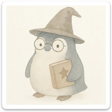 chubby penguin with a wizard hat, round glasses, and a spellbook, charming illustrated style sticker