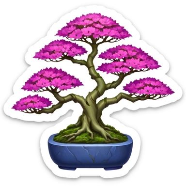 Futuristic wild et alien moss maples Bonsai hair-fine-leaf group crimson crystal azalea purple and cream pink blue informal rocky cliffhanger forest planting in shallow slab style pot  sticker