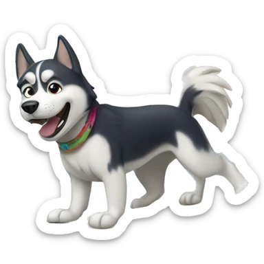 a husky dog surfing with palm trees in the back sticker