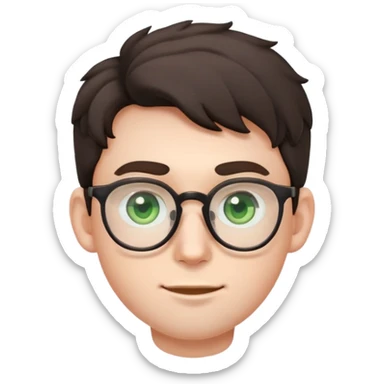 young male emoji with youthful face, poofier slightly curly dark hair, big ears, pale skin, glasses, green eyes, very light stubble sticker