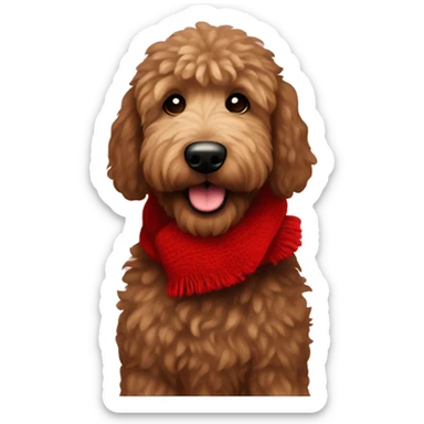 Dark brown golden doodle with fluffy fur wearing a red Christmas scarf sticker