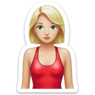 Blonde Woman, Green eyes, Red onepiece, whole Body,Background Indoor pool sticker