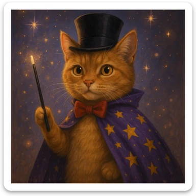 A magician cat in a top hat, a bowtie and a purple cape with stars sticker