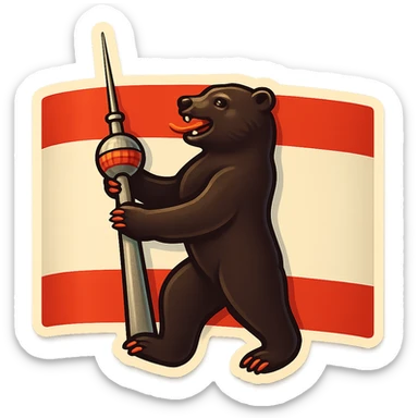 Create an emoji of the Berlin Bear holding the Berlin TV Tower, less cartoonish, with the Berlin flag as the background, no text. The style should be retro stickers style with clear and vibrant colors, maintaining the iconic features of the Berlin Bear but with a more realistic and less cartoonish look, and the bear holding the Berlin TV Tower in its paws. sticker