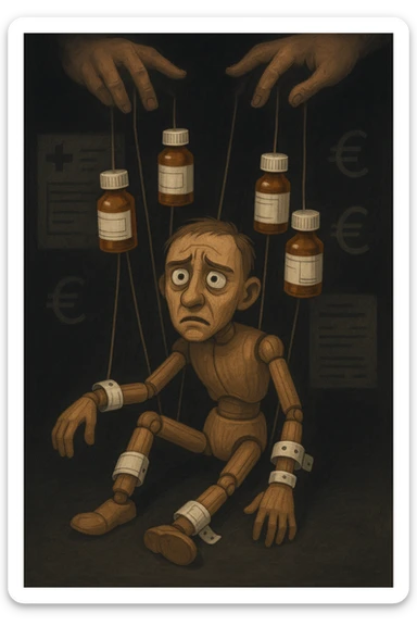 a marionette puppet with hospital bracelets and medication bottles as strings is controlled by unseen hands from above. The puppet’s face shows confusion and fatigue, representing the feeling of being managed by an invisible system. The background is dark, with faint images of medical charts and euro signs. in italiano sticker