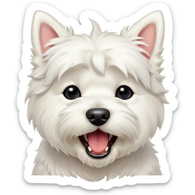 Cinematic Cute Yawning West Highland White Terrier Portrait Emoji, Head tilted slightly with a dramatic, wide-open yawn, showcasing a soft, fluffy white coat with floppy ears slightly drooping and round dark eyes barely open in drowsy contentment, Simplified yet irresistibly adorable features, highly detailed, glowing with a soft, cozy glow, high shine, relaxed yet expressive, stylized with a touch of whimsy, bright and endearing, soft glowing outline, capturing the essence of a sleepy yet affectionate companion, so drowsy it feels like it could stretch out of the screen and curl up for a nap! sticker