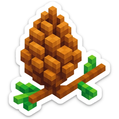 voxel-style pine cone with natural brown tones, on a branch sticker