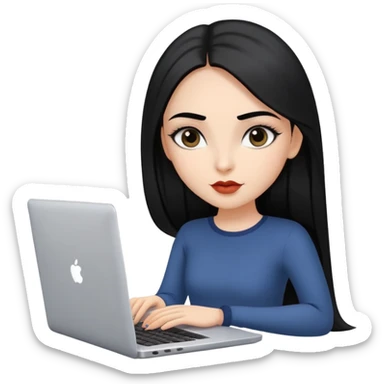 Beautiful girl, with long black hair, straight hair, well-defined eyebrows, big dark eyes, full lips, with a confident expression, with a laptop. sticker