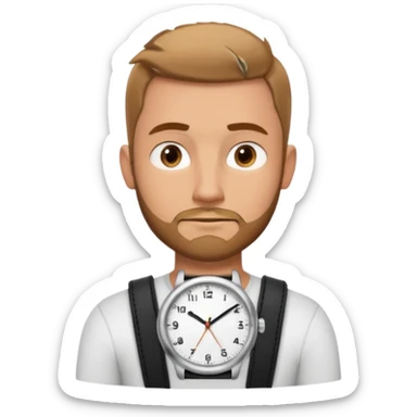 bearded man wearing a black strap watch portrait, head and shoulders only, oval face, short beard, relaxed confident look, black leather strap watch visible, 3D cartoon, mobile game icon style, clean background, no text, no watermark
 sticker