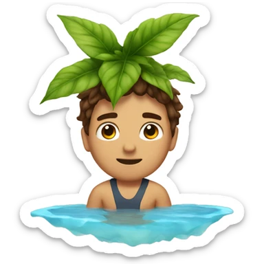 A guy sitting wearing a bathing suit with a large potted plant next to him he has brown hair sticker