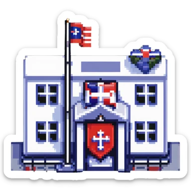 Hospital building with Thai flag on flagpole, medical cross symbol, red white blue striped flag of Thailand sticker