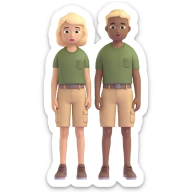 boy wearing an olive-green shirt over a brown T-shirt with beige cargo shorts sticker