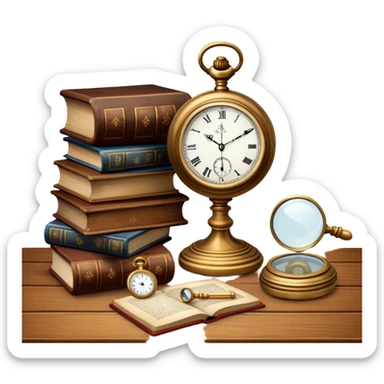 Icon for Antiques Collecting: antique carved  furniture, a vintage pocket watch and a porcelain figurine, all placed on a wooden antique table surrounded by aged books and a magnifying glass. The icon should evoke the elegance and history of antique collecting. Transparent background. sticker