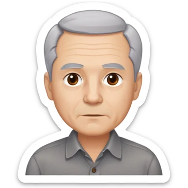 Close-up portrait of René Monclova. Light-skinned older man with round face and broad jaw. Short silver-gray hair with visible receding hairline. Warm brown eyes, thick eyebrows. Neutral expression. Wearing a dark button-up shirt. sticker