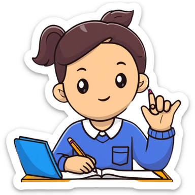 Focused student with pen and notebook, ear tilted toward teacher, learning sticker