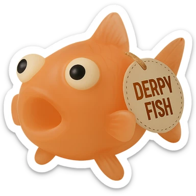 Make the body of this bright orange Derpy Fish just slightly more transparent, keeping the retro 90's toy look, derpy eyes, soft plastic texture, soft reflections, soft and squishy, some cloudiness, not shiny, highly detailed, appealing, with the 'DERPY FISH' tag. Remove the background. Maintain the style and look of the original image. sticker