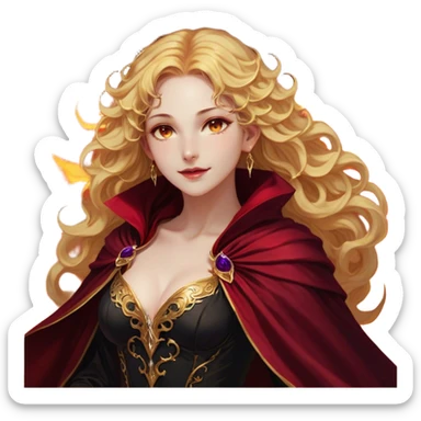 A breathtakingly beautiful female Fae with golden, wavy hair cascading down her back, her amber eyes sparkling with both warmth and untamed power. She wears a fitted black bodice paired with an opulent crimson cloak, the fabric swirling around her like liquid fire. Her lips are curved in a knowing smile, her posture both regal and effortlessly confident sticker