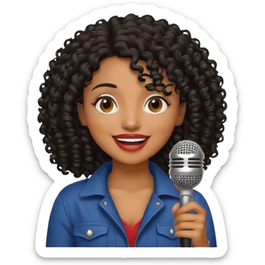 brown skin woman, curly black hair, singer, hold micro sticker