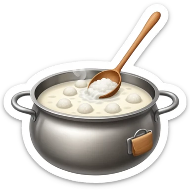 deep stainless steel pot with boiling clear water and floating glutinous rice flour balls and wooden spoon sticker