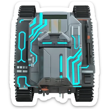 A top down view of a robot with tank tracks, in a cyber punk futuristic style far beyond what is currently available today, from the year 3000, the camera needs to be directly above the robot looking down sticker