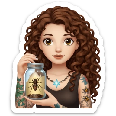 woman with long curly brown hair, brown eyes, white skin, tattoos, holding a jar of captured starlight insects sticker
