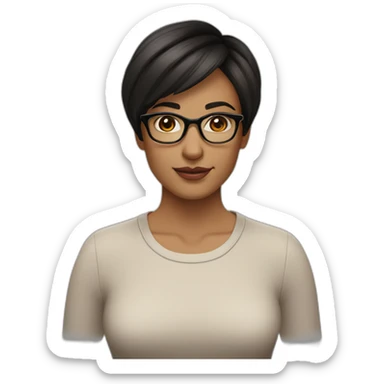 42 year old women bob haircut dark brown hair brown eyes glasses black eyebrows sticker
