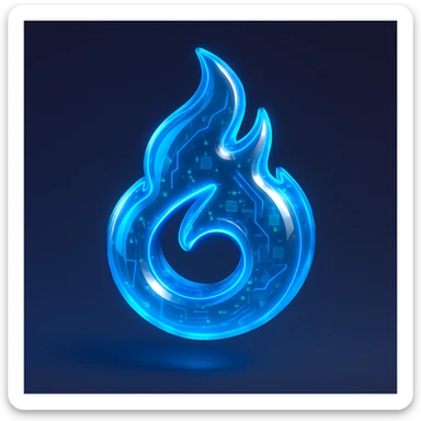 a spiraling blue flame with neon glow, glossy circuit style sticker