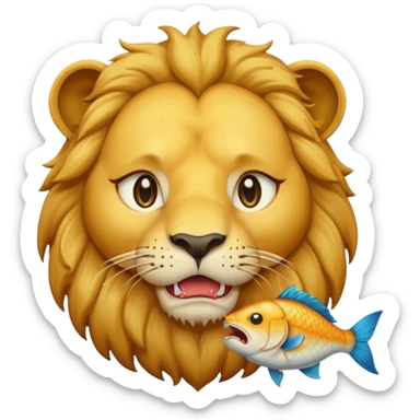  A lion eating a fish, feeling sad, cry, tear falling from eyes, portrait, bust up sticker