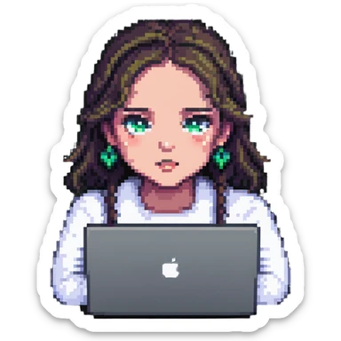 a girl's face working behind a MacBook, pixel art style sticker