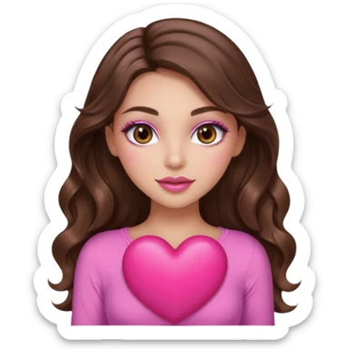 girl with long wavy brown hair, brown eyes, long lashes makeup, sexy pink lips, light to medium complexion, wearing a pink sexy top, holding a big heart sticker