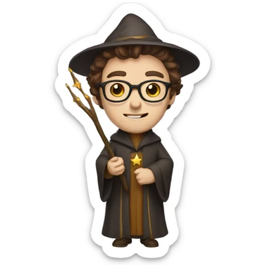 wizard with brown hair, no beard and glasse holding a wand sticker
