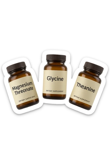 3 boccette di integratori: Magnesio Treonato, glicina, teanina, fluttuano in aria sticker