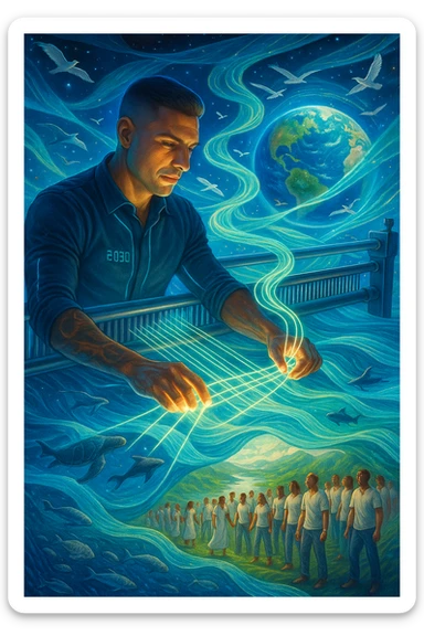 Uomo del 2030 al telaio gigante cosmico che tesse il destino del pianeta con fili di cotone stellare, ogni fibra naturale che intreccia ripara una parte dell'ecosistema terrestre, dita che brillano mentre guidano i fili di cotone attraverso dimensioni parallele, tessuto che si estende dall'atmosfera fino alle profondità marine, creature marine che nuotano attraverso le onde del tessuto acquatico, uccelli che volano seguendo i pattern del tessuto aereo, humanity unita che indossa vestiti di cotone e partecipa alla grande tessitura collettiva della salvezza planetaria sticker