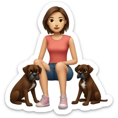 a girl with brown hair, sitting with two dark brown boxer dogs sticker
