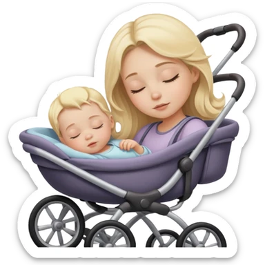 Poussette avec un bébé blond qui dort guider par sa maman blonde aux cheveux longs et aux yeux marrons  sticker