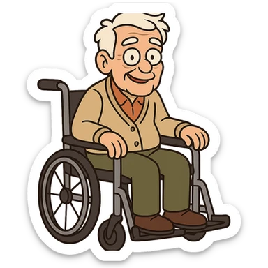 elderly person in a wheelchair, friendly cartoon style, warm and approachable expression sticker