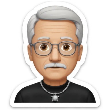 Tony Barceló is a strong, lively man in his 70s with short, neatly combed gray hair and a trimmed goatee. He has a broad face, square glasses, and a confident presence. He wears a black outfit with a silver turtle necklace, reflecting his thoughtful, creative energy as a writer. sticker
