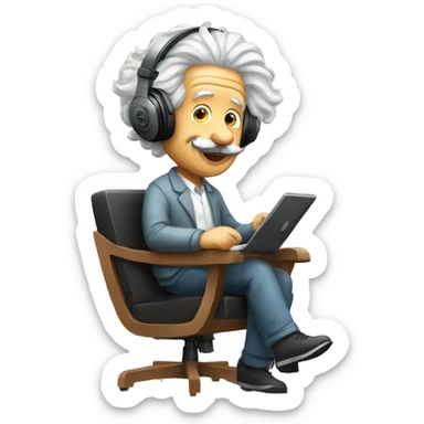 albert einstein happy listening music with wireless headphones while sitting on the chair sticker