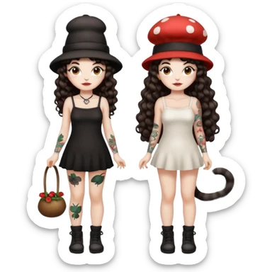 full body woman long curly brown hair brown eyes white skin tattoos black cat at feet, both wearing matching mushroom hats sticker
