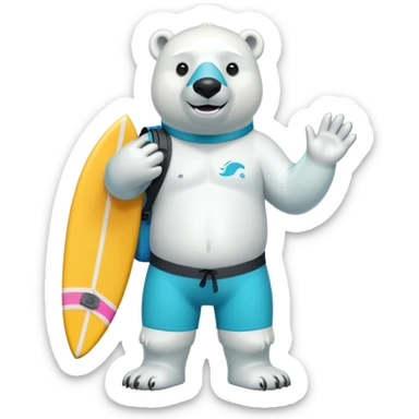 friendly anthropomorphised polar bear standing upright, smiling, wearing colorful surf board shorts and full scuba mask with snorkel sticker