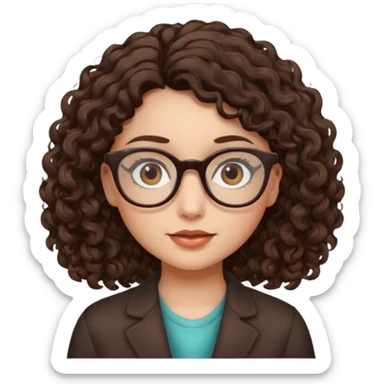 A girl has fair skin curly to wavy dark brown hair, has glasses and almond brown eyes sticker