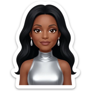 Diana Ross with dark brown eyes, long black hair, silver metallic turtleneck dress, silver earrings sticker