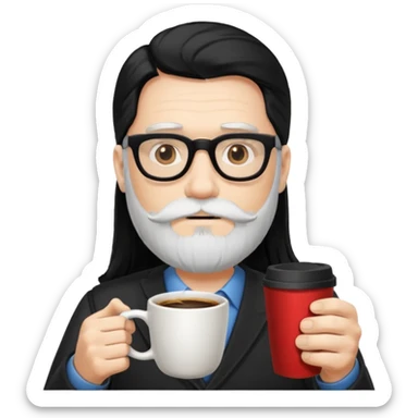 men with white bearded long black hair  with opticals  on holding coffee cup sticker