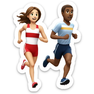 guy with brown hair wearing stripped red and white, running in cross country spikes chasing a girl with a shirt that says NCC track  sticker
