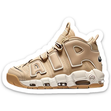 Minimalist beige Nike Air More Uptempo sneakers with one sneaker positioned behind the other, clean simple design with AIR lettering sticker