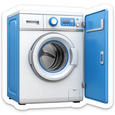 white washing machine with blue door and control panel sticker