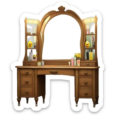 Old fashioned wood vanity with vintage makeup with a old vanity mirror with old lights  sticker